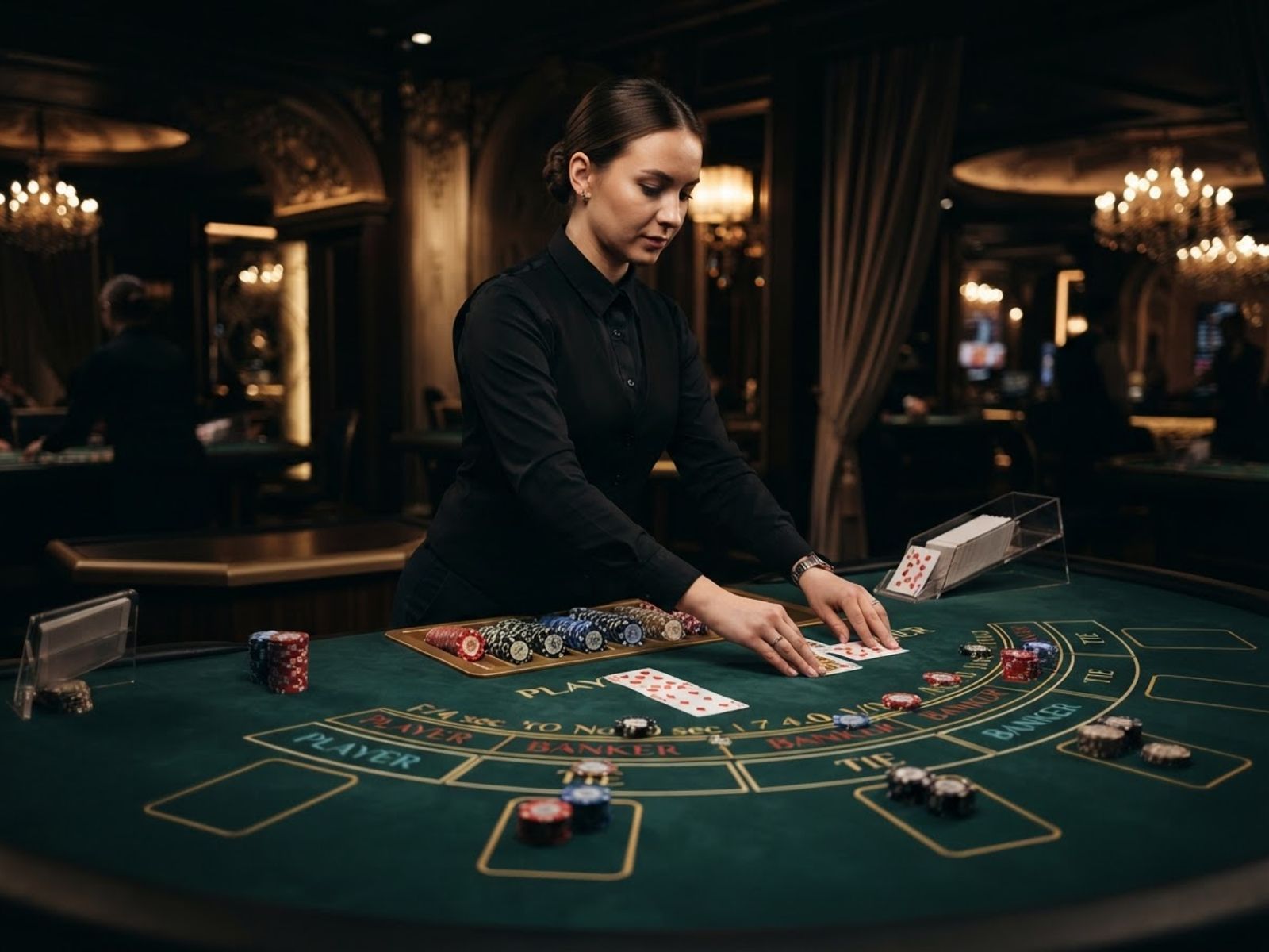 Table de baccarat en direct avec cartes et jetons sur un tapis vert en studio