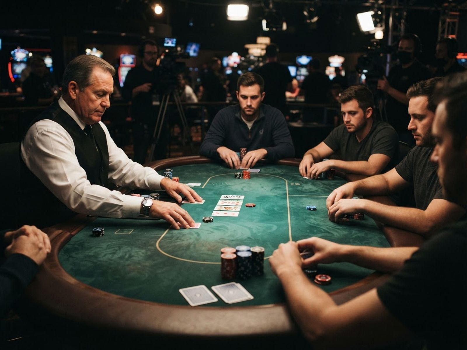 Table de poker en direct avec cartes et jetons sur un tapis vert dans un studio de casino
