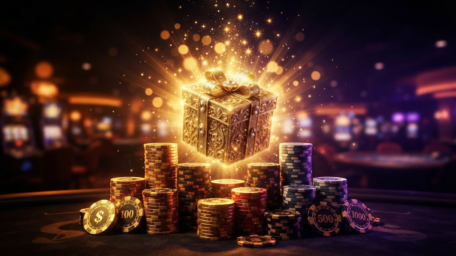Jetons de casino dorés et coffret cadeau lumineux sur fond sombre