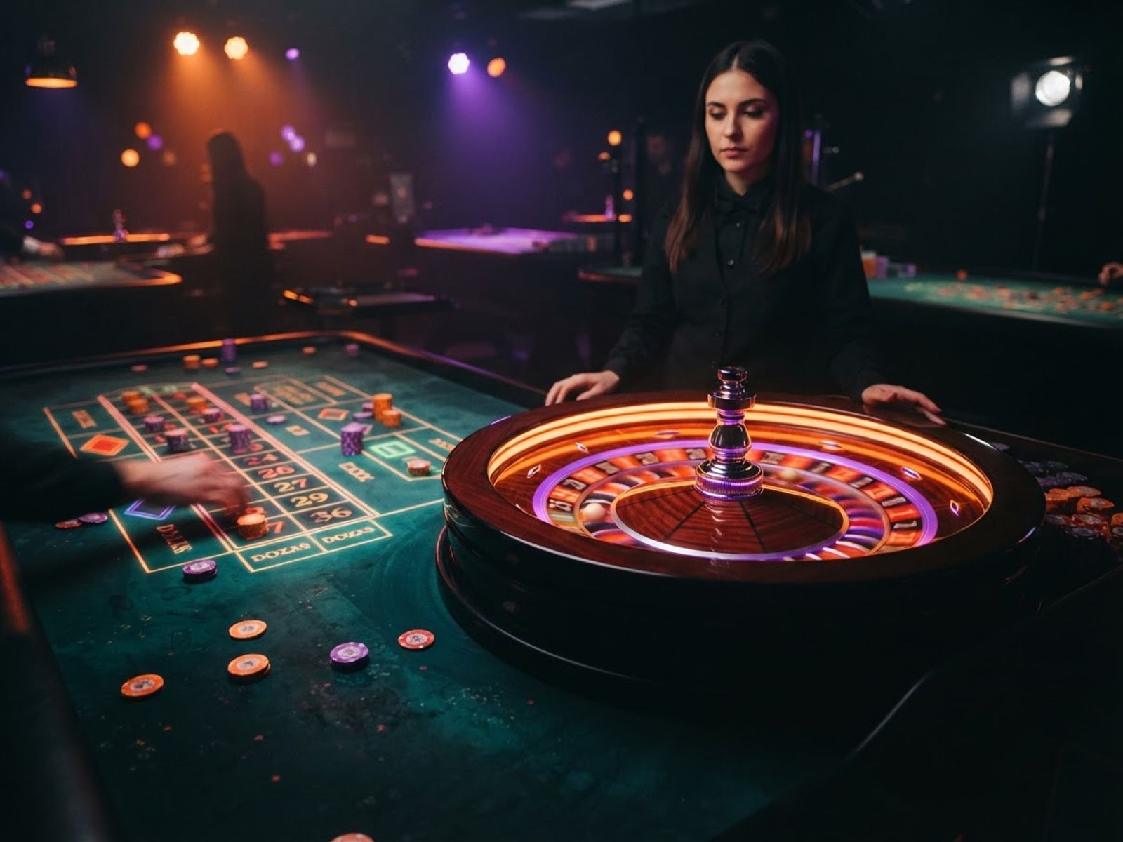 Roulette en direct illuminée sur un tapis vert dans un studio de casino