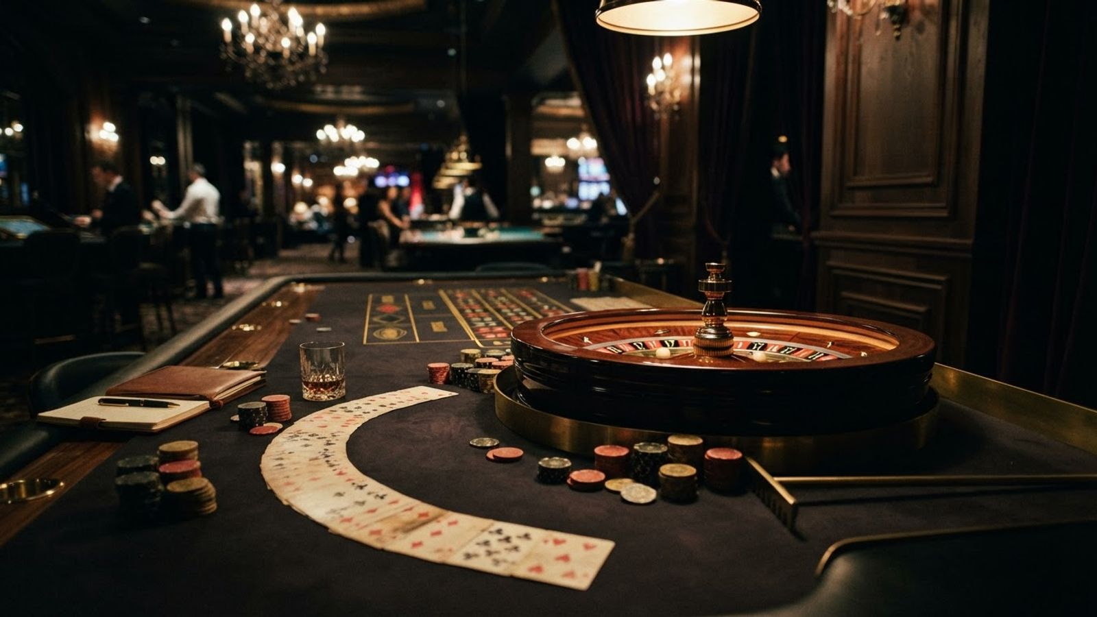 Cartes à jouer et roue de roulette disposées dans un lobby de casino sombre