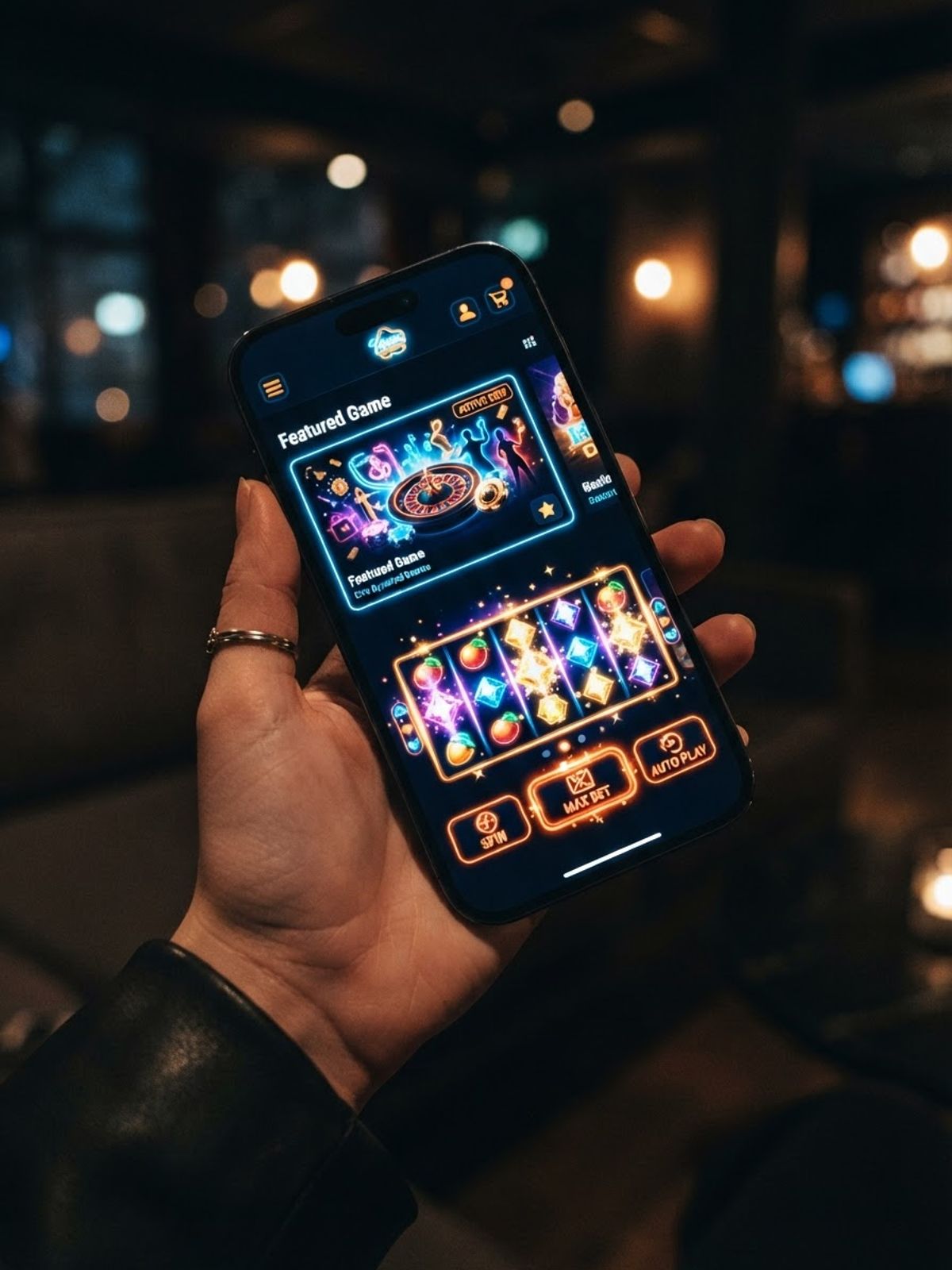 Smartphone affichant une application de casino sombre avec des boutons lumineux et des rouleaux de machine à sous