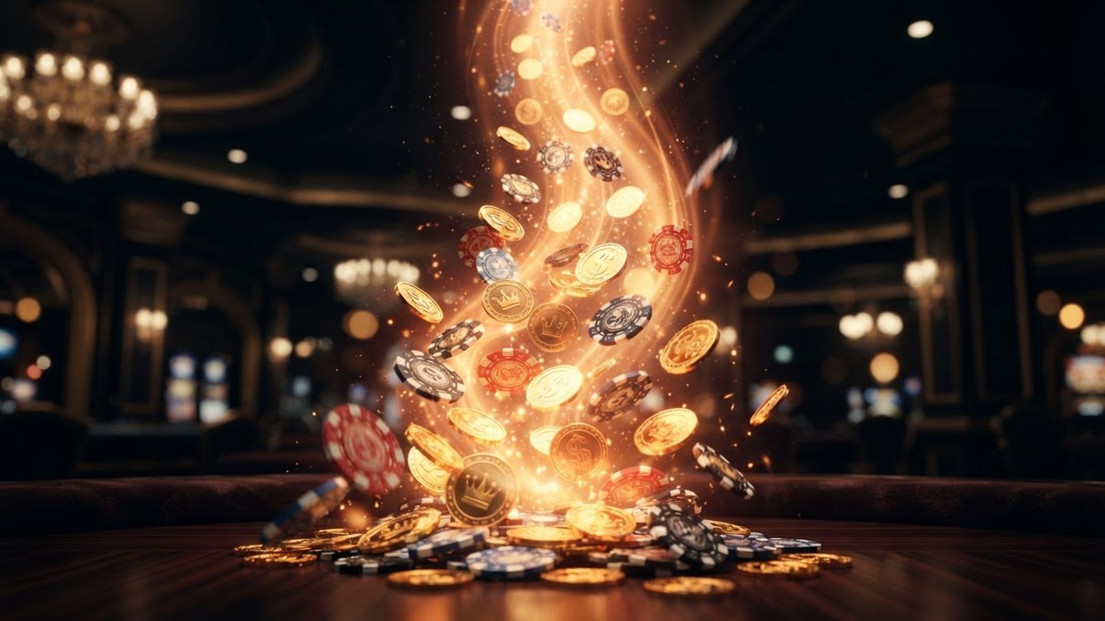Pièces d'or et jetons de casino s'élevant dans une douce lueur sur fond sombre