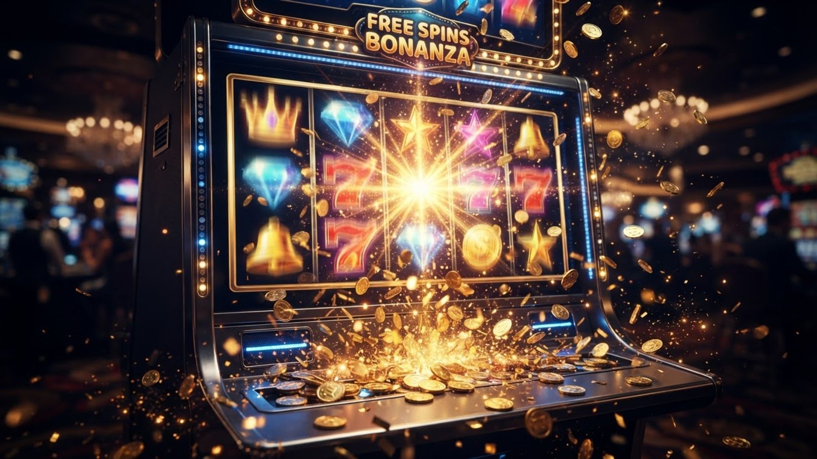 Rouleaux de machine à sous en mouvement avec symboles lumineux et pièces d'or sur fond sombre