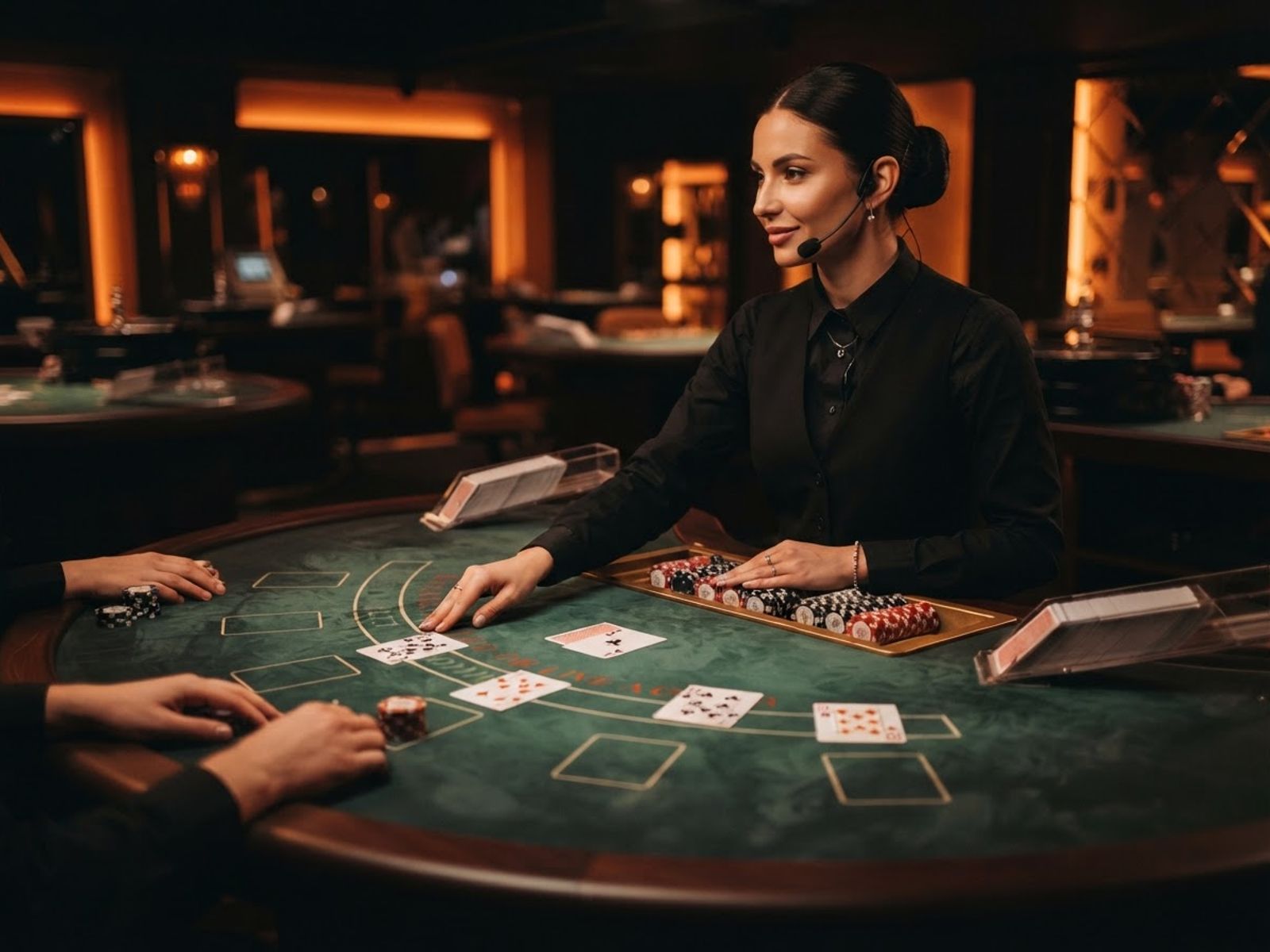 Table de blackjack en direct avec un croupier distribuant les cartes dans un studio tamisé